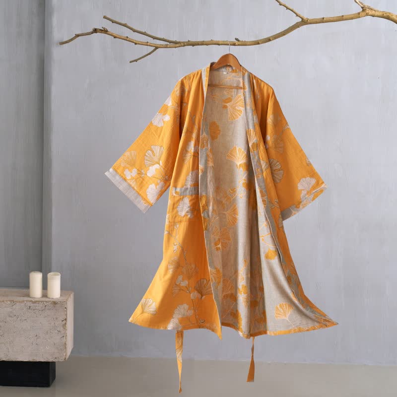 Ownkoti Cotton Gauze Ginkgo Kimono Robe - Orange - XL - image 48