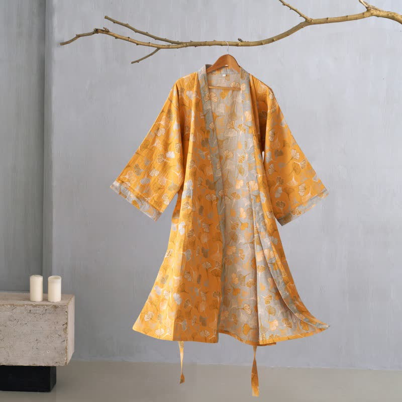 Ginkgo Biloba Cotton Gauze Kimono Robe - Orange & Grey - XL - image 42