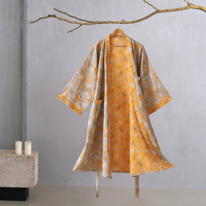 Ginkgo Biloba Cotton Gauze Kimono Robe - Grey & Orange - XL - image 47