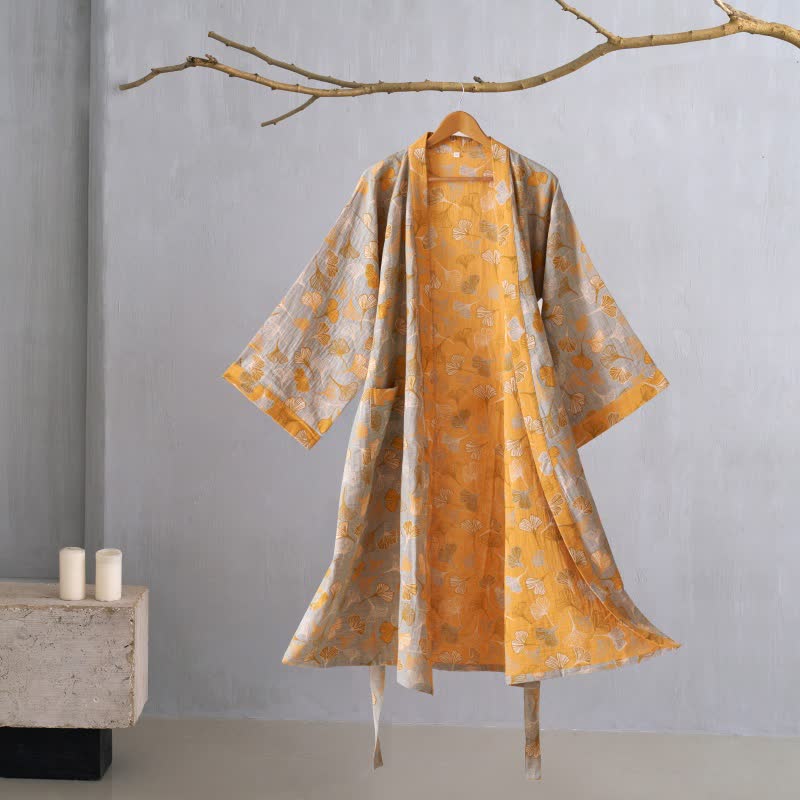 Ginkgo Biloba Cotton Gauze Kimono Robe - Grey & Orange - XL - image 44
