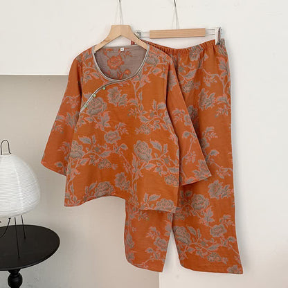 Oriental Style Peony Cotton Gauze Pajamas - Orange - XL - image 3