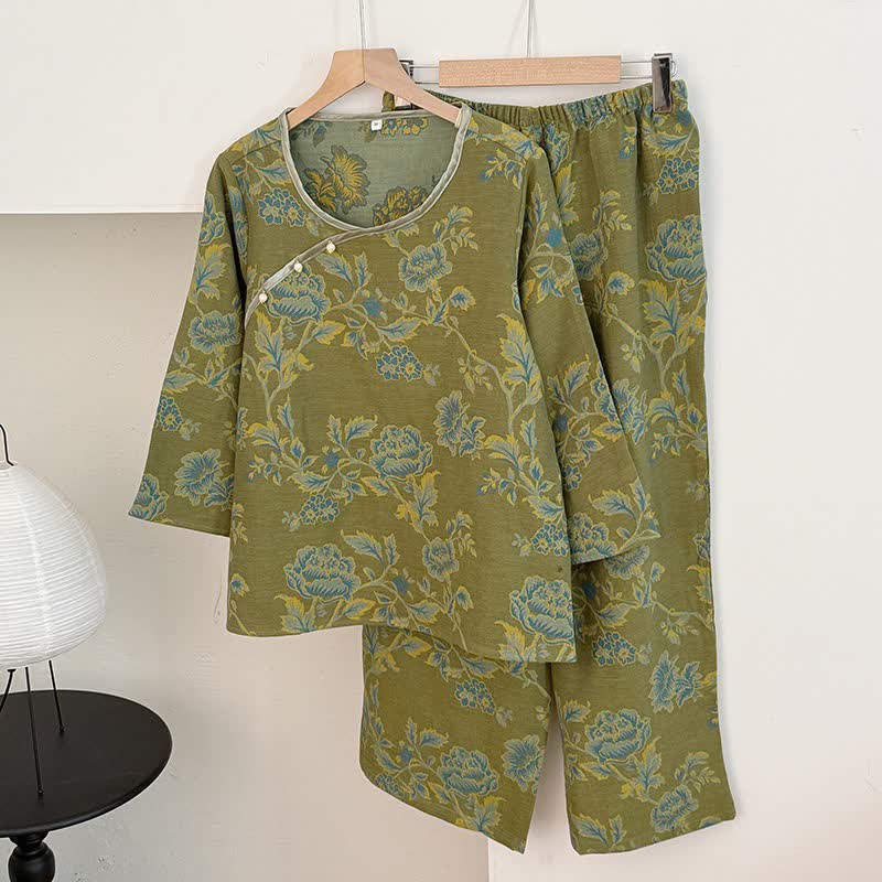 Oriental Style Peony Cotton Gauze Pajamas - Green - XL - image 1