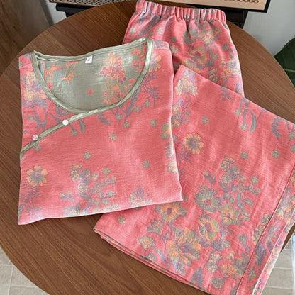 Oriental Pink Peony Cotton Gauze Pajamas - image 2