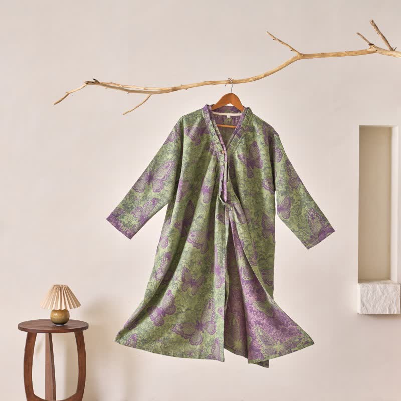 Elegant Butterfly Ruffled Cotton Nightdress - Green - XL - image 8