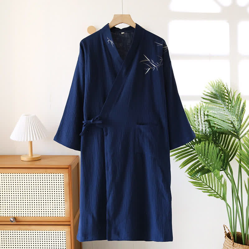 Unisex Bamboo Cotton Gauze Bathrobe - Navy Blue - XL - image 15