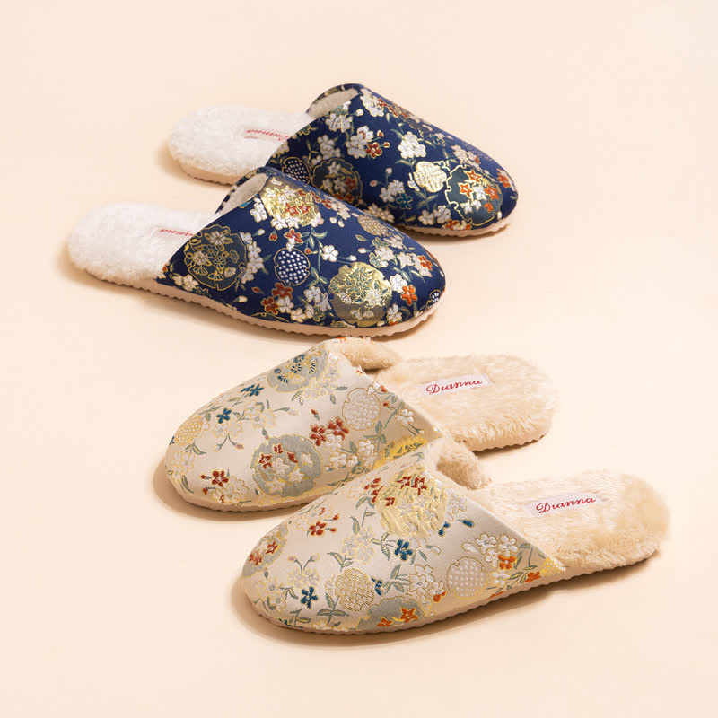 Vintage Floral Embroidered Plush House Slippers - image 2