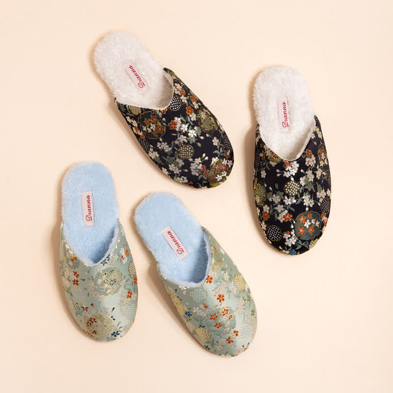Vintage Floral Embroidered Plush House Slippers - image 3