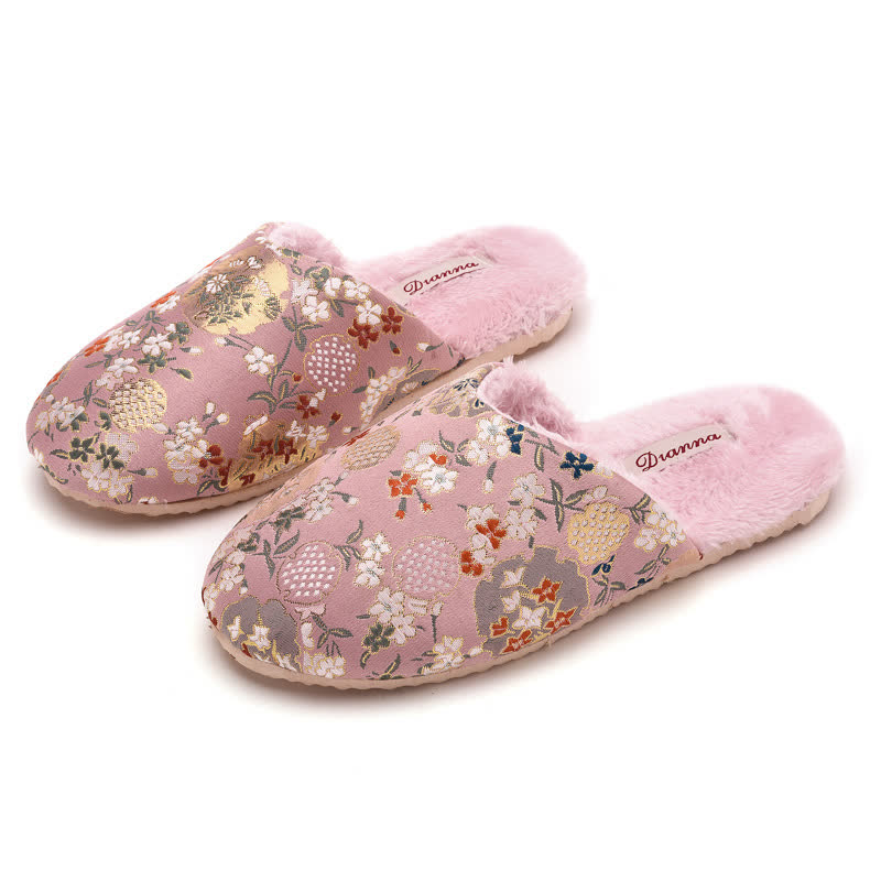 Vintage Floral Embroidered Plush House Slippers - image 5