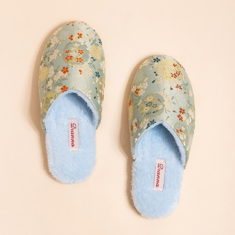 Vintage Floral Embroidered Plush House Slippers - Green - L - image 6