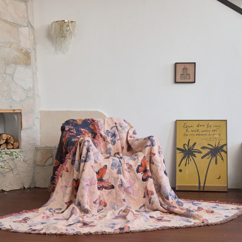 Elegant Butterfly Tassel Cotton Blanket - Light Pink - 90"W x 98"L - image 0