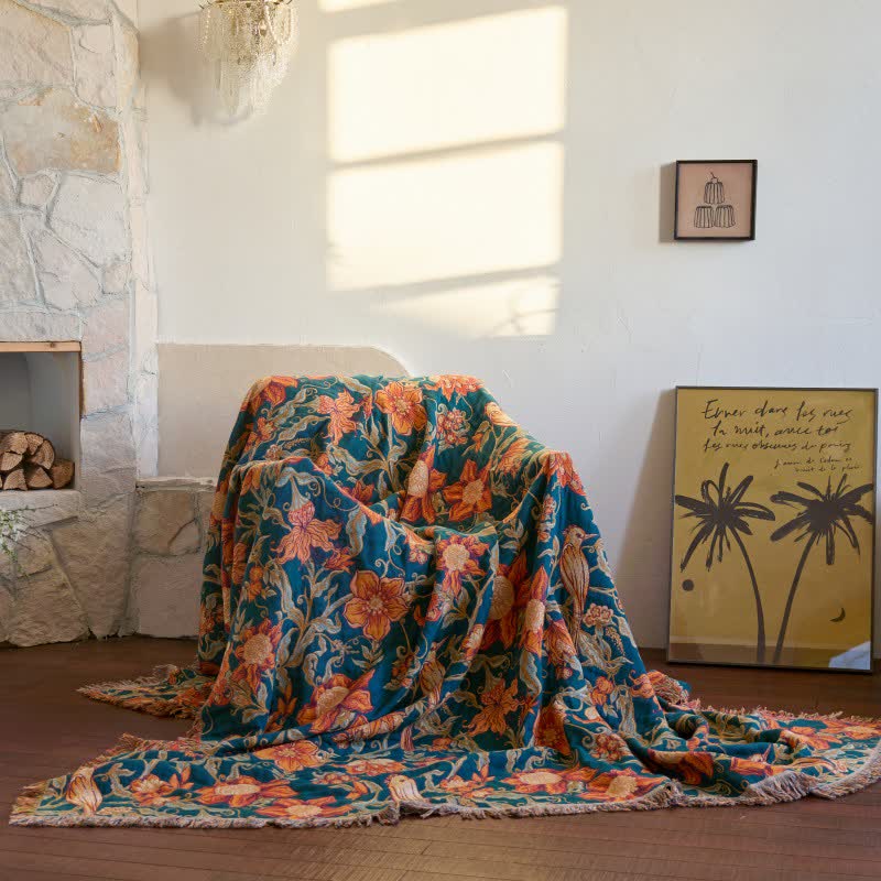 Luxurious Floral Cotton Tassel Blanket - 90"W x 98"L - image 0
