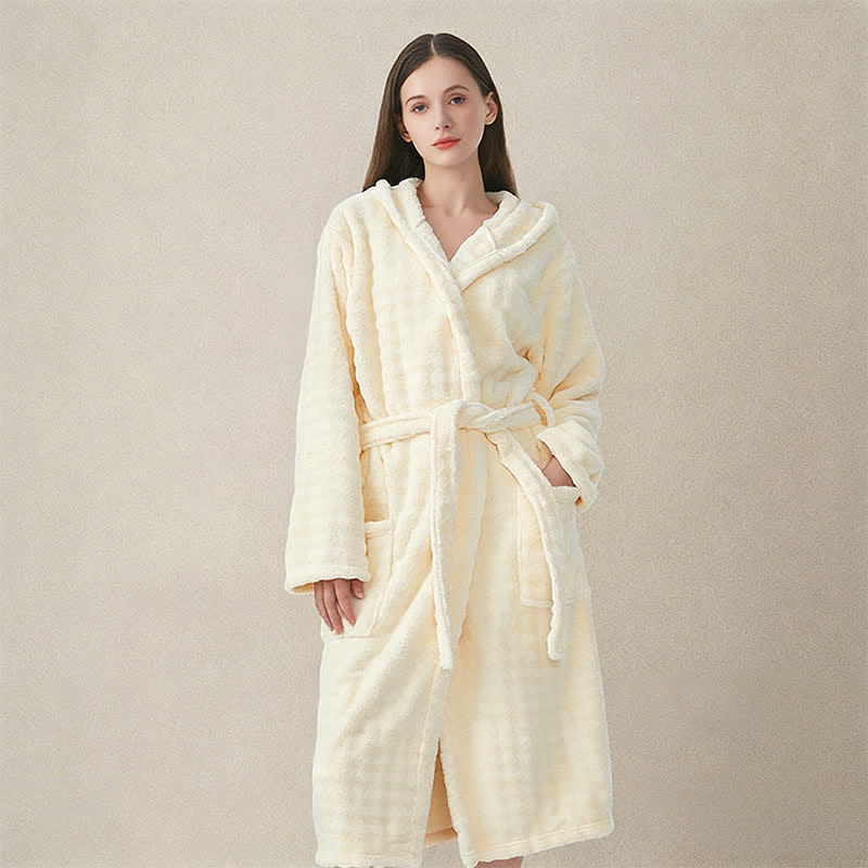 Simple Flannel Robe with Hood and Pockets - Beige - One Size - image 0