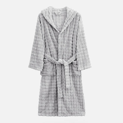 Simple Flannel Robe with Hood and Pockets - Light Gray - One Size - image 9
