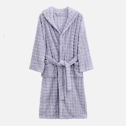 Simple Flannel Robe with Hood and Pockets - Light Purple - One Size - image 11