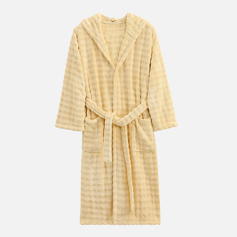 Simple Flannel Robe with Hood and Pockets - Yellow - One Size - image 12