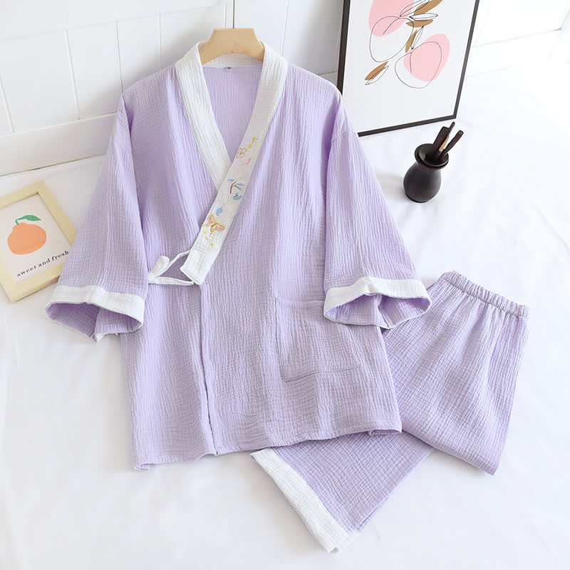 Butterfly Embroidered Cotton Gauze Kimono Loungewear - Light Purple - XL - image 16