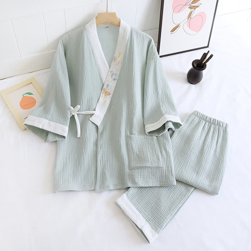 Butterfly Embroidered Cotton Gauze Kimono Loungewear - Green - XL - image 17