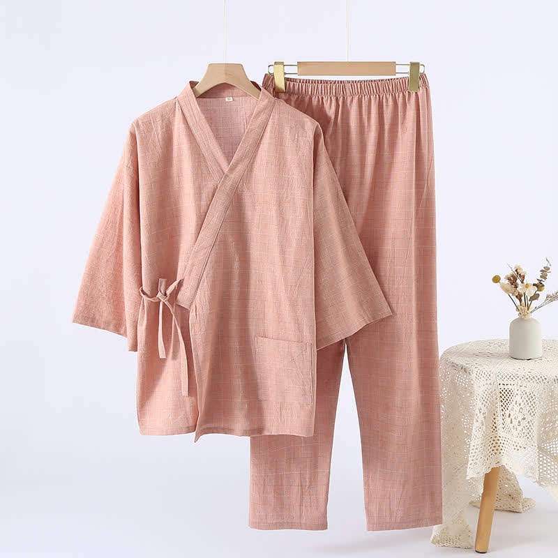 Subtle Plaid Cotton Gauze Kimono Loungewear - Orange - XL - image 0