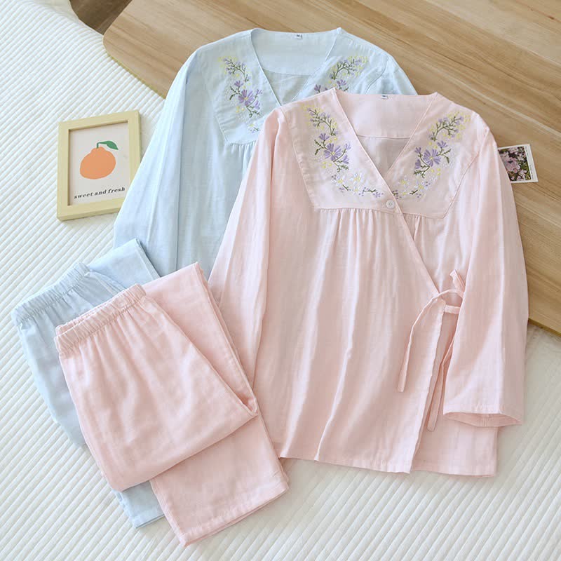 Floral Embroidery Cotton Gauze Kimono Loungewear - image 0