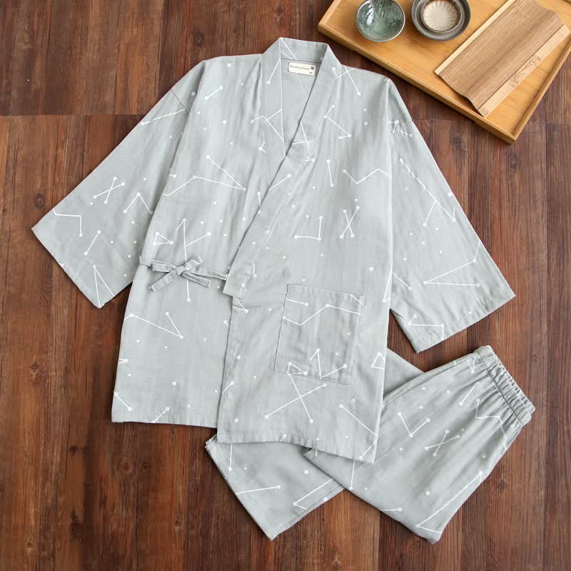 Couple Matching Line Cotton Kimono Loungewear - Gray - Men - L - image 11
