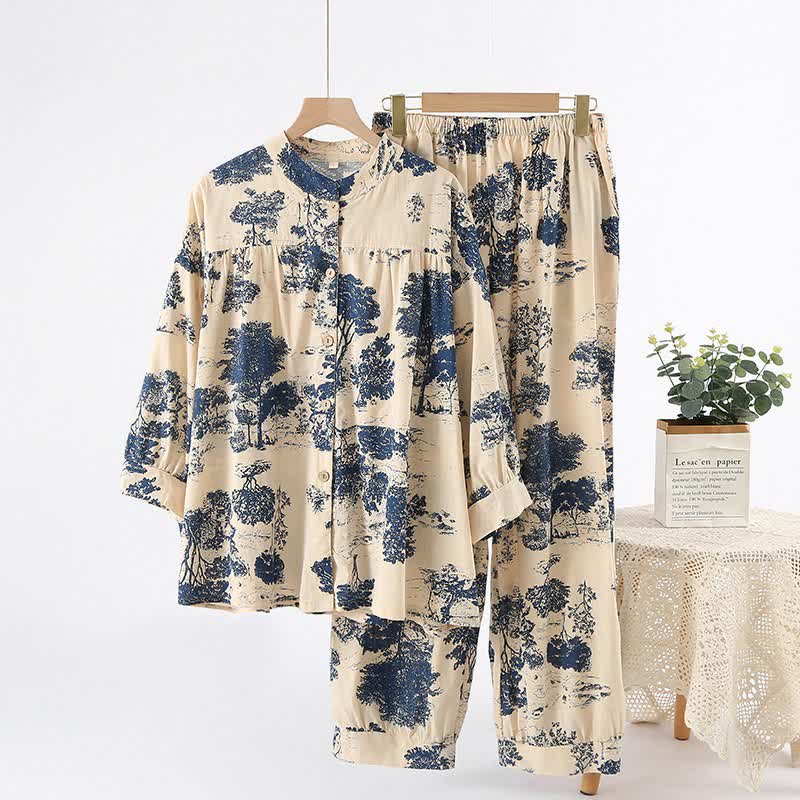 Retro Oriental Style Tree Cotton Loungewear - White - XL - image 0