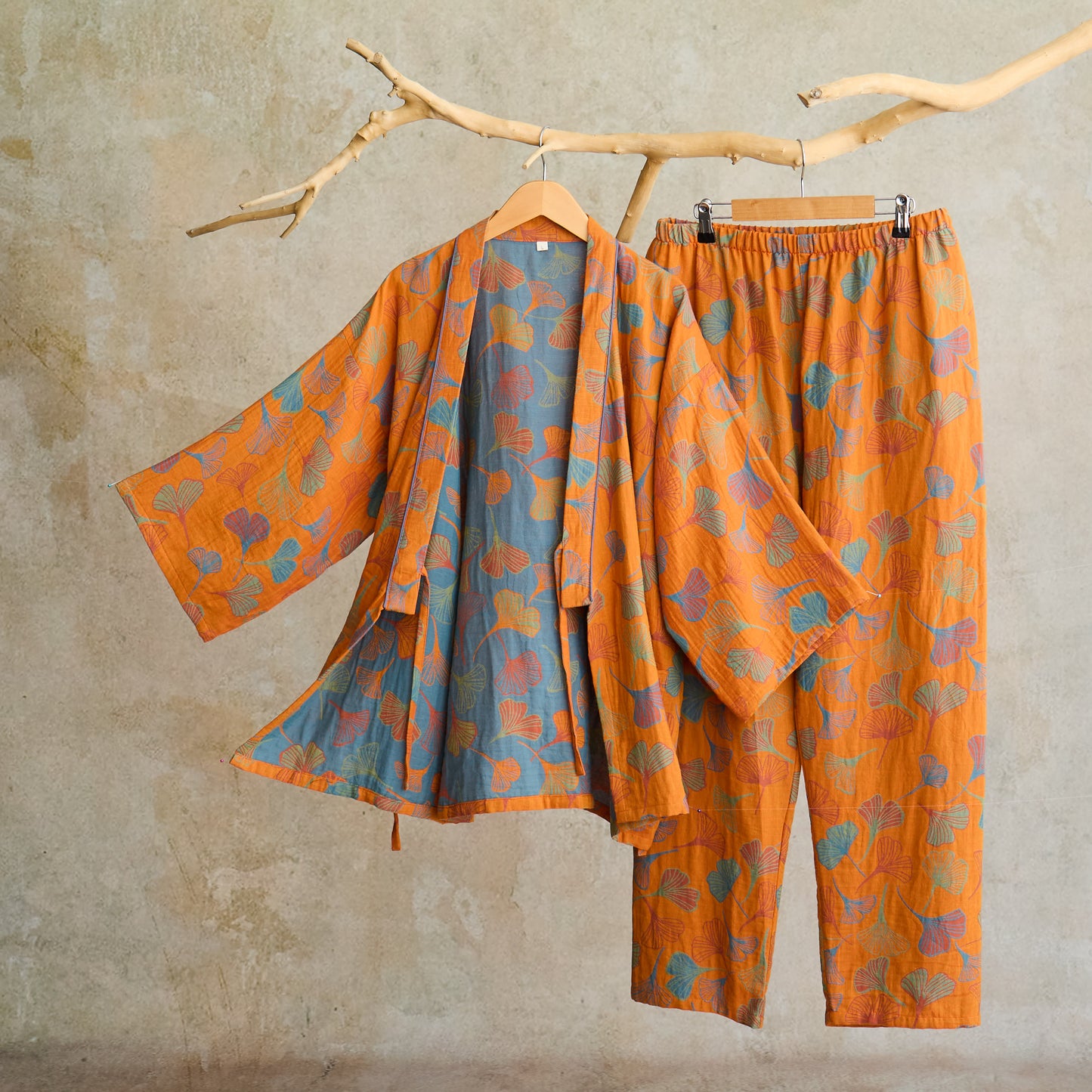 Ownkoti Ginkgo Cotton Gauze Kimono Loungewear Set - Orange - XL - image 9