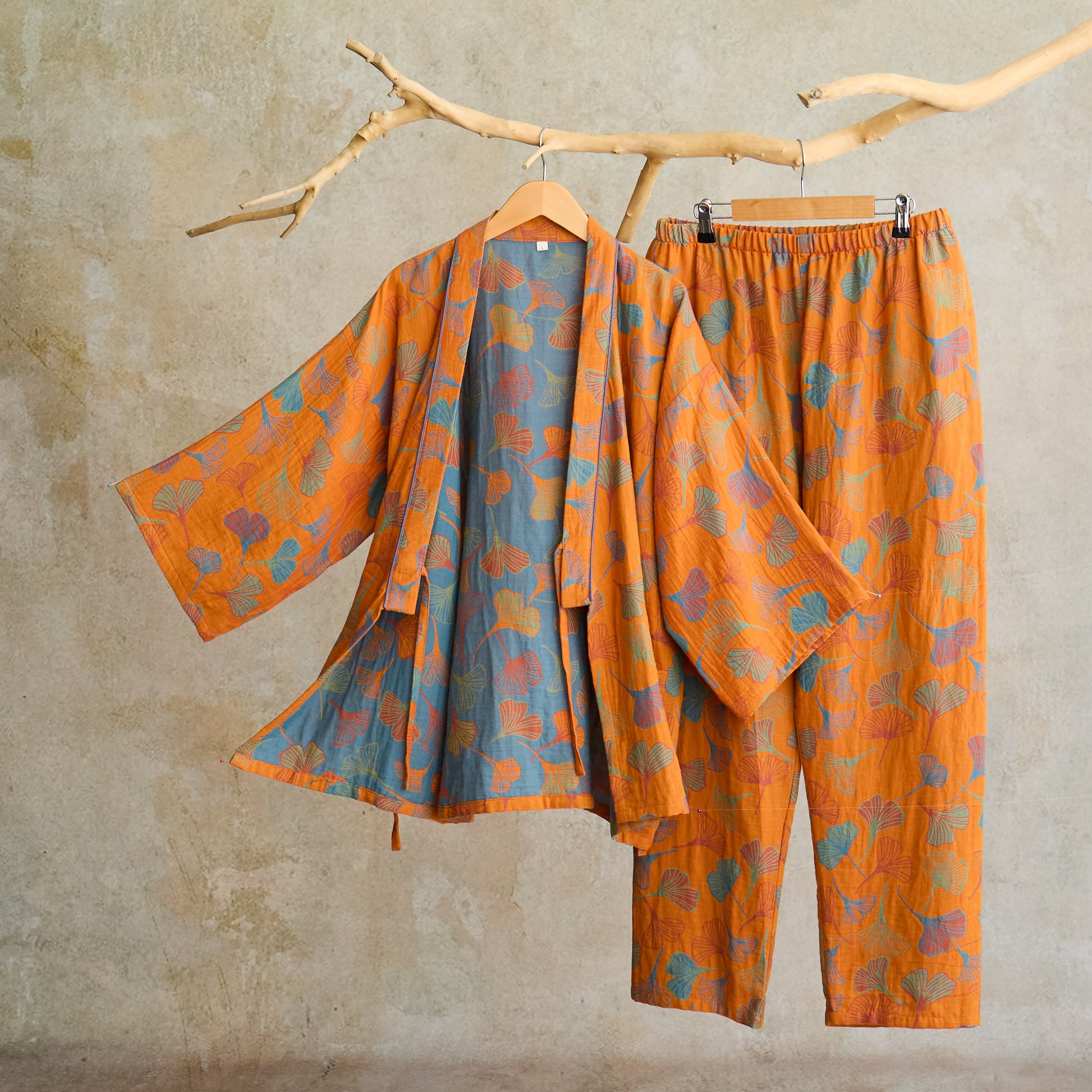 Ownkoti Ginkgo Cotton Gauze Kimono Loungewear Set - Orange - XL - image 9