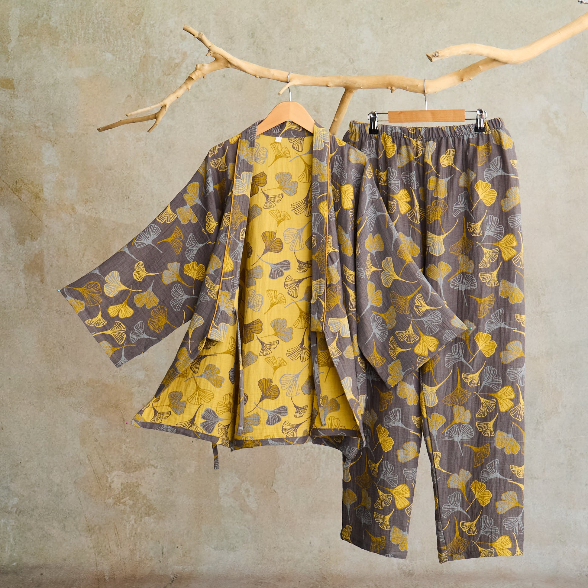 Ownkoti Ginkgo Cotton Gauze Kimono Loungewear Set - Dark Grey - XL - image 4