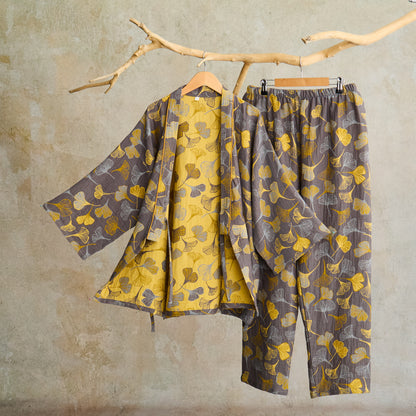 Ownkoti Ginkgo Cotton Gauze Kimono Loungewear Set - Dark Grey - XL - image 4