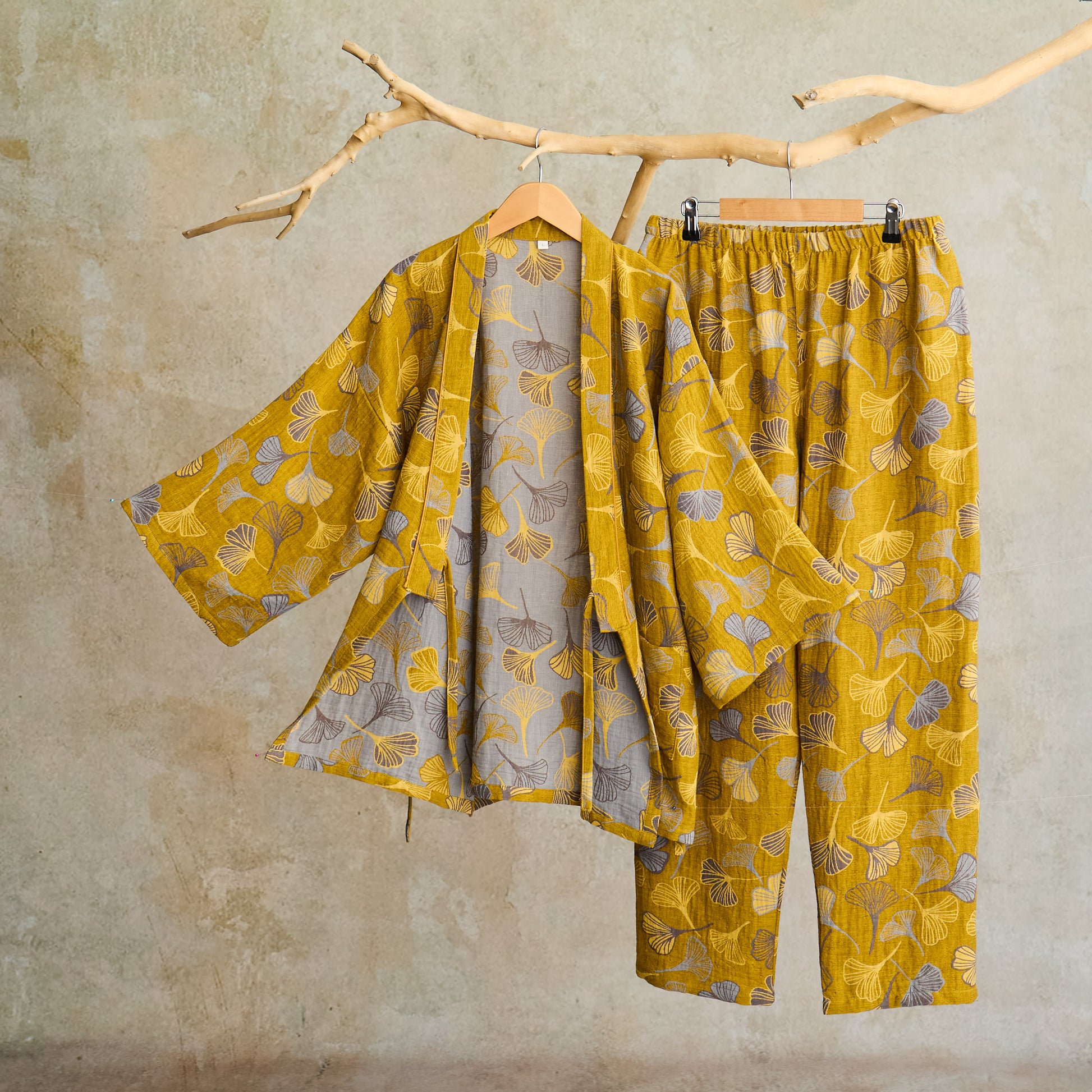 Ownkoti Ginkgo Cotton Gauze Kimono Loungewear Set - Dark Yellow - XL - image 10