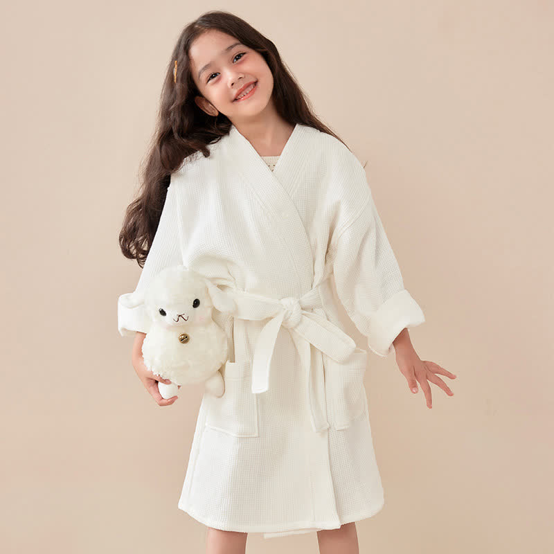 Solid Waffle Weave Cotton Child Bathrobe - White - Child:145-160cm - image 0