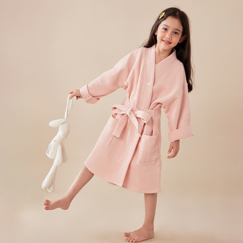 Solid Waffle Weave Cotton Child Bathrobe - image 5