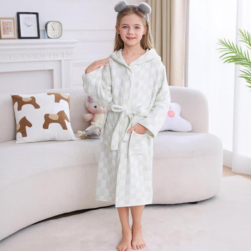 Checkered Hooded Cotton Gauze Child Bathrobe - Green - Child:145-160cm - image 4