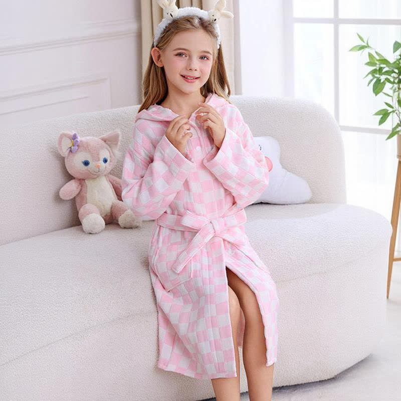 Checkered Hooded Cotton Gauze Child Bathrobe - Pink - Child:145-160cm - image 0
