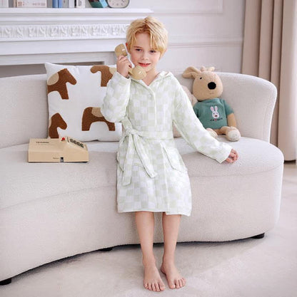Checkered Hooded Cotton Gauze Child Bathrobe - image 7