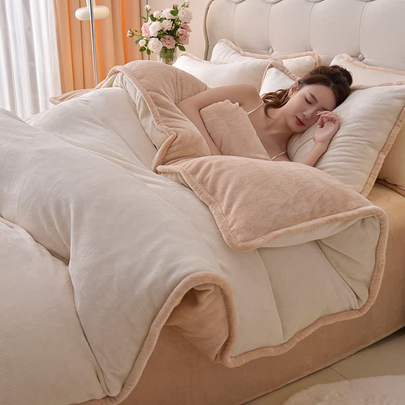 Reversible Solid Color Plush Bedding Set - Beige & Apricot - Bedding Set - King - image 5