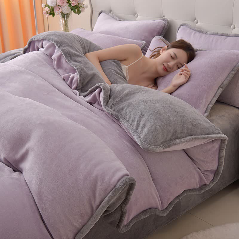 Reversible Solid Color Plush Bedding Set - Purple & Gray - Bedding Set - King - image 2