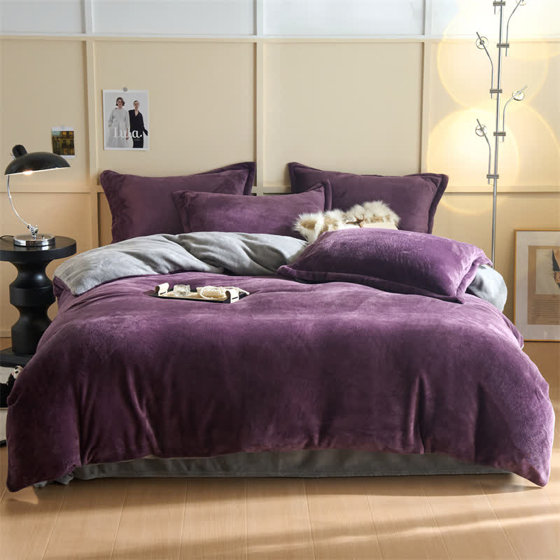 Simple Reversible Solid Plush Bedding Set - Dark Purple & Gray - Bedding Set - King - image 9