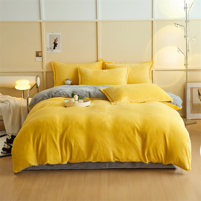 Simple Reversible Solid Plush Bedding Set - Yellow & Gray - Bedding Set - King - image 3
