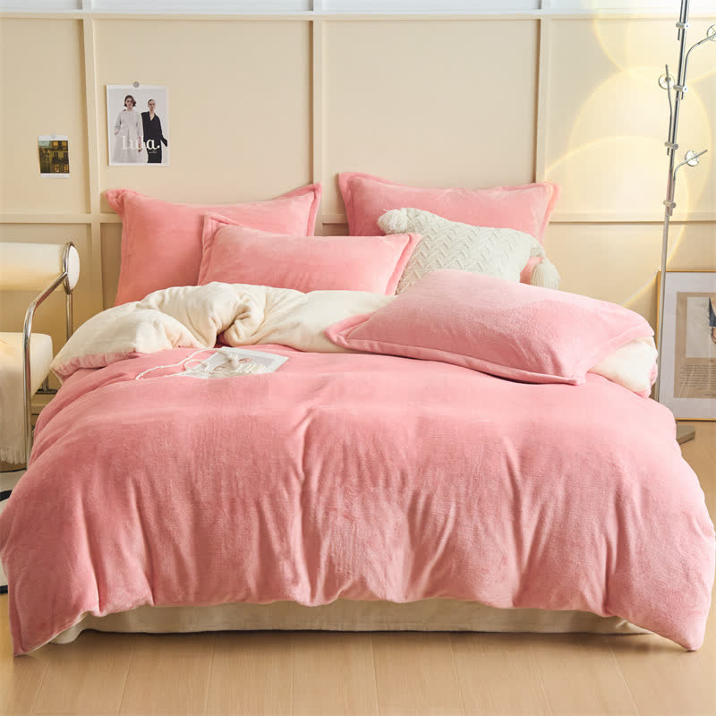 Simple Reversible Solid Plush Bedding Set - Pink & Beige - Bedding Set - King - image 1