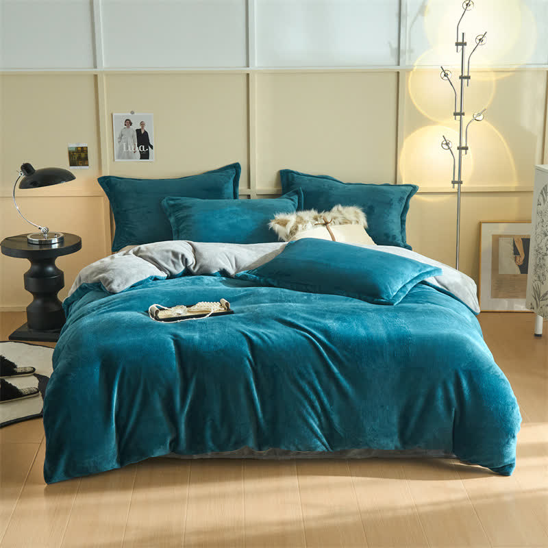 Simple Reversible Solid Plush Bedding Set - Peacock Blue & Gray - Bedding Set - King - image 4