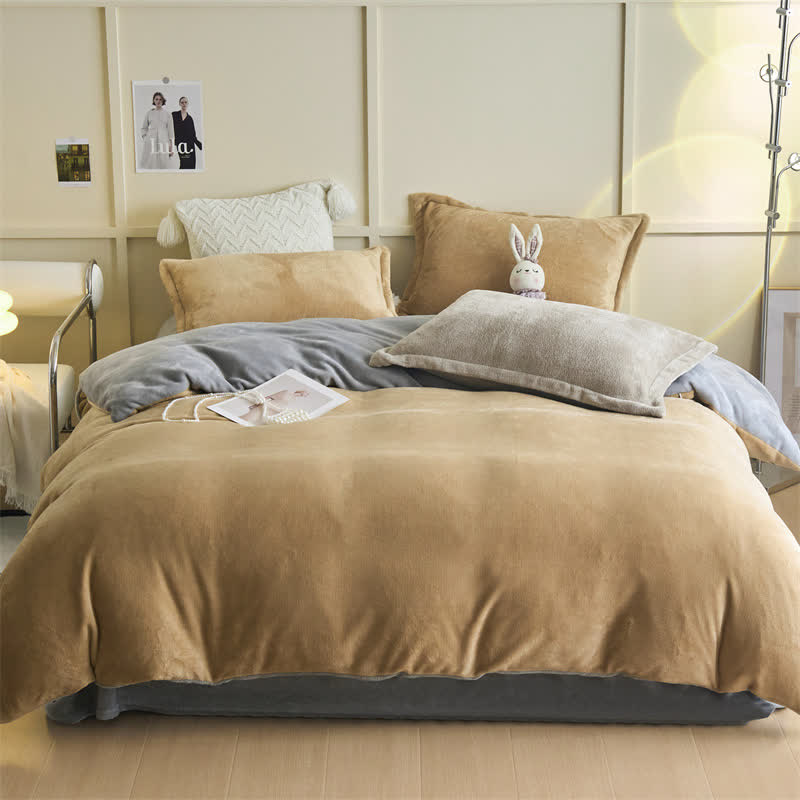 Simple Reversible Solid Plush Bedding Set - Camel & Gray - Bedding Set - King - image 6