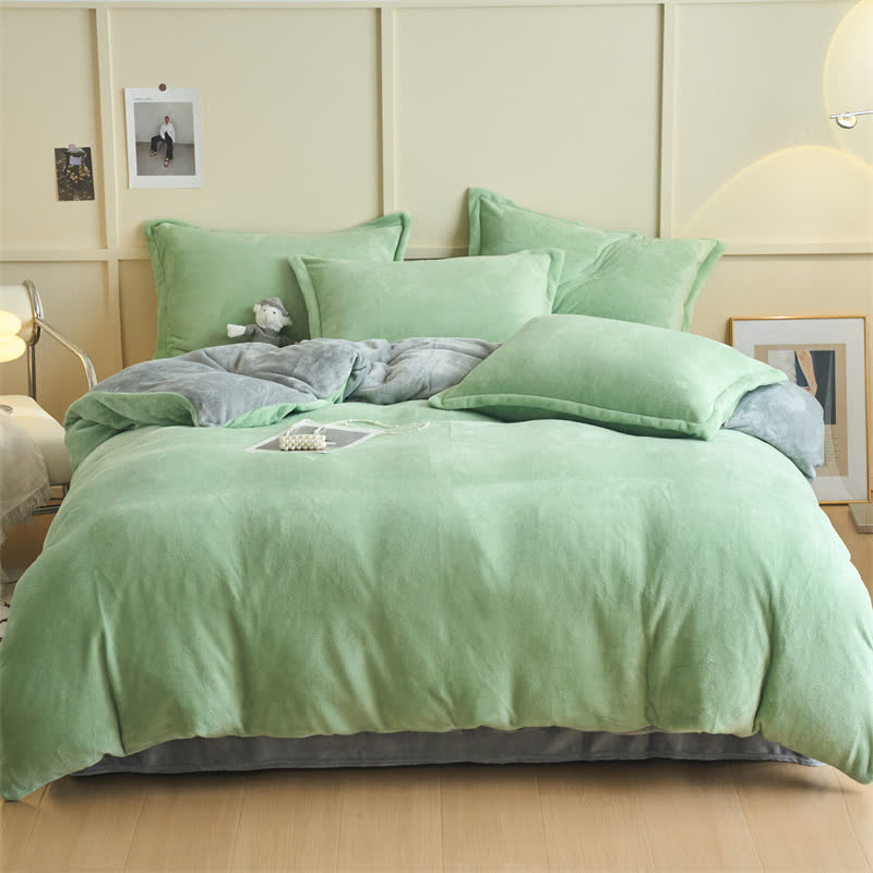 Simple Reversible Solid Plush Bedding Set - Light Green & Gray - Bedding Set - King - image 5