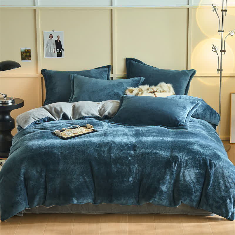 Simple Reversible Solid Plush Bedding Set - Navy Blue & Grey - Bedding Set - King - image 10