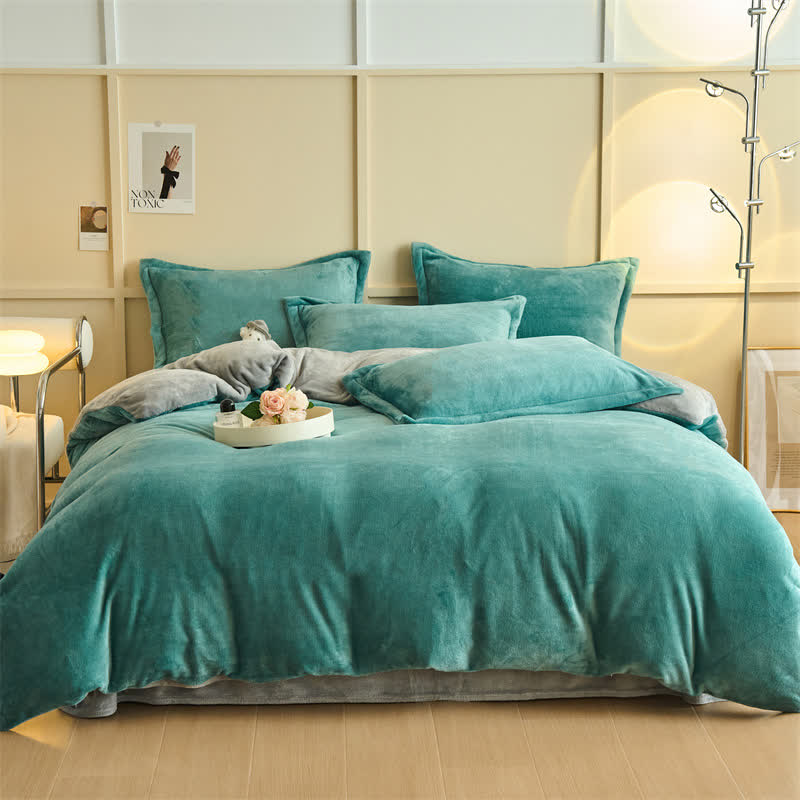 Simple Reversible Solid Plush Bedding Set - Cyan & Gray - Bedding Set - King - image 11