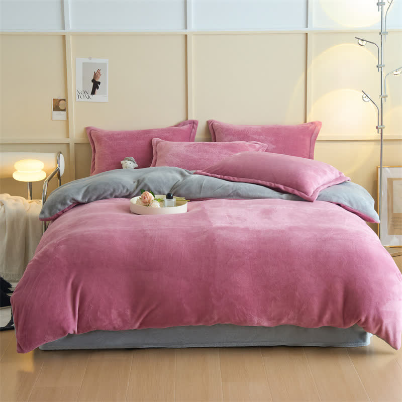 Simple Reversible Solid Plush Bedding Set - Dark Pink & Gray - Bedding Set - King - image 8