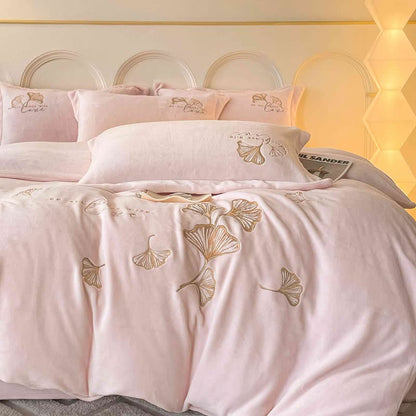Ginkgo Leaf Embroidered Plush Bedding Set(4PCS) - Light Pink - King - image 7