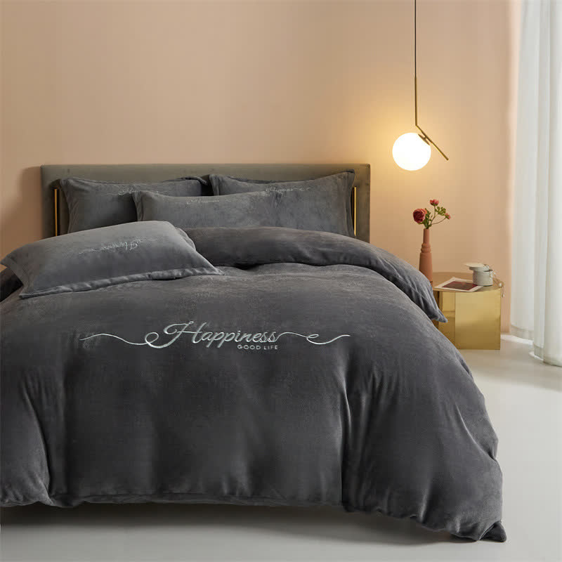 Happiness Embroidered Plush Bedding Set(4PCS) - Dark Gray - King - image 13