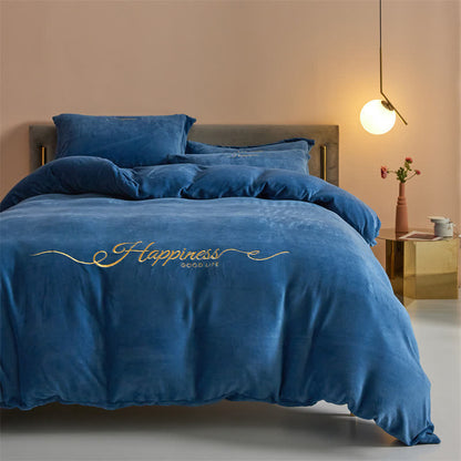 Happiness Embroidered Plush Bedding Set(4PCS) - Dark Blue - King - image 11