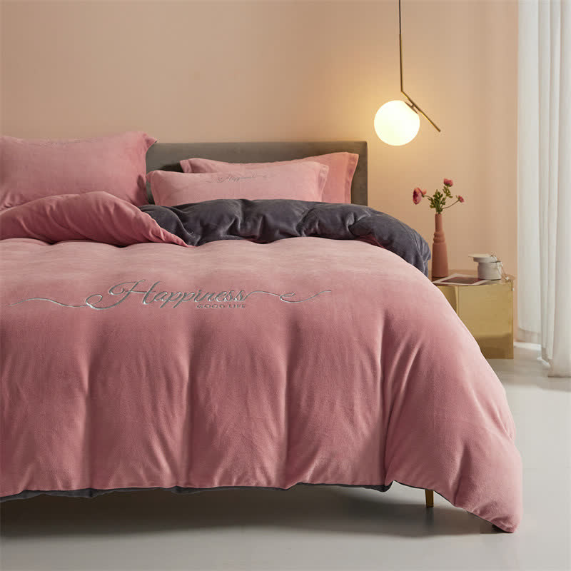 Happiness Embroidered Plush Bedding Set(4PCS) - Dark Pink & Gray - King - image 20